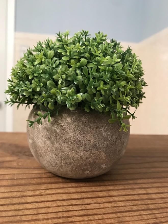 Opps Mini Artificial Plants Plastic Fake Green Grass Flower Topiary Shrubs with Gray Pot for Home Décor – Set of 3 (Green Single)