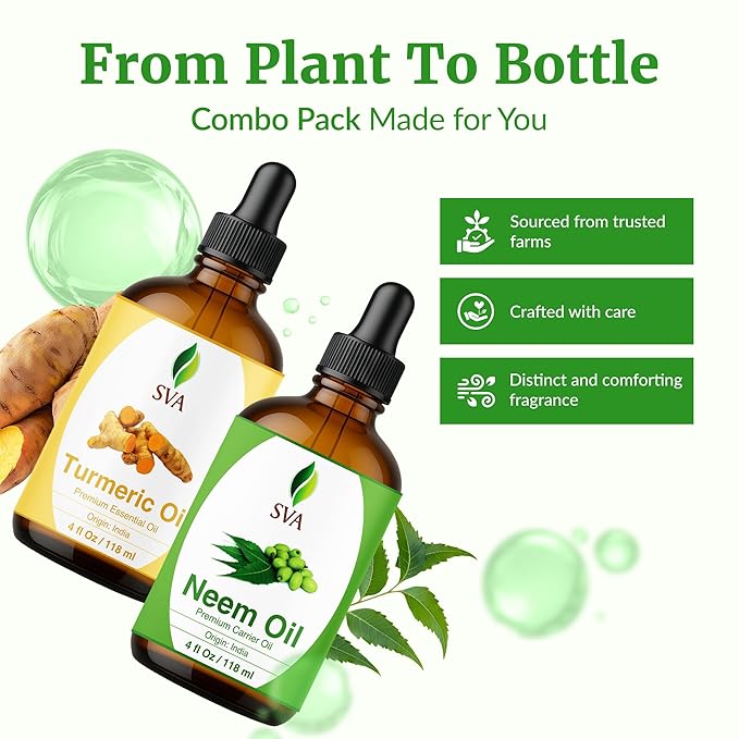 SVA Neem Oil 4 oz and Turmeric Oil 4 oz Bundle Super Saver Combo – Premium Grade Value Set for Hair Oiling, Scalp Massage, Hair Care, Skin Care and Body Massage