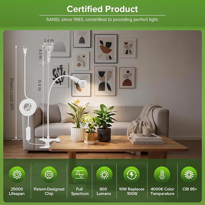 Grow Lights for Indoor Plants, LED 10 W Full Spectrum Bulb Replaceable Plant Light, 150 W Equivalent Clip on Grow Light with Optical Lens for Indoor Growing, Lifetime Free Bulb Replacement