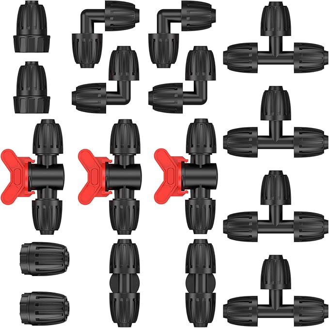 Pawfly 17 Pcs Drip Irrigation Fittings Kit for 1/2" Tubing, Barbed Drip Line Connectors with 4 Tees, 2 Standard Couplings, 3 Flow-Control Couplings, 4 Elbows, 2 Faucet Adapters & 2 End Caps