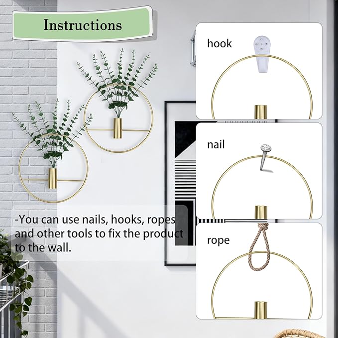 GREENTIME 2 Packs Hanging Planters with 15in Artificial Eucalyptus Plants for Indoor Outdoor Home Bathroom Living Room Wall Decor (Gold, Circle)