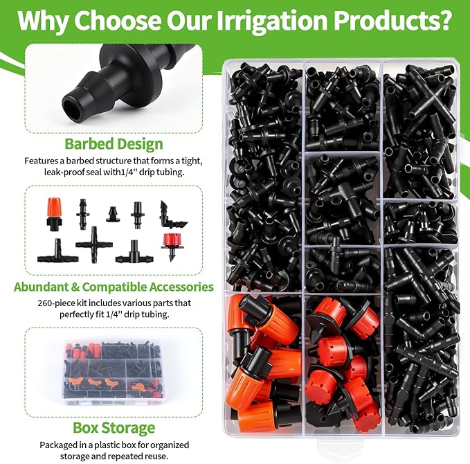 RedChili 260 Pack Drip Irrigation Fittings Kit for 1/4" Tubing, Complete Set with Drip System Barbed Connectors (Misting Nozzles, Nozzle Tees, Single Barbs, Couplings, Tees, Elbows, Plugs, Crosses)