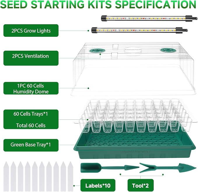 60 Cells Seed Starter Trays with Grow Lights, Color Change Grow Lights for Seed Starting Kit, 3 Timming Set, Indoor Plant Growing Kit for Gardeners, Germination Trays Kits, Gardening Gifts