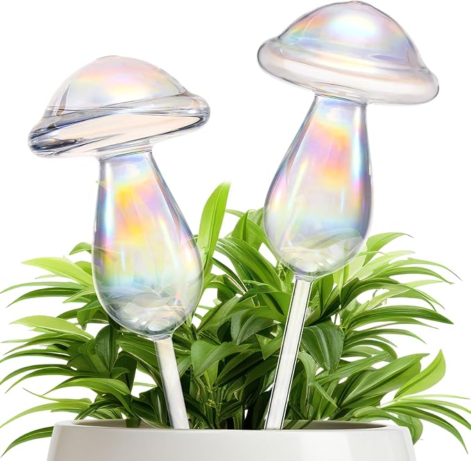 Qinyoung 2 Pcs 17 Oz Plant Watering Globes Large Mushroom Shaped Iridescent Rainbow Self Watering Globes Clear Glass Planter Insert Devices for Indoor Outdoor Plant Lovers