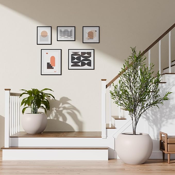 KUTE NEST 9.7" H x 12" D Premium Globo Fiberstone Round Planter with Drainage Hole, Smooth Finishes, Weather Resistant for Indoor and Outdoor Use, Included 2 Extra Coco Mats (Taupe, 7.8" Pot Opening)