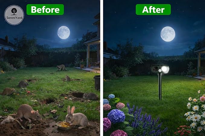 Solar Ultrasonic Animal Repeller - Waterproof - Motion Activated - Humane Pest Control with LED Flash for Modern Garden for Deer - Squirrel -Raccoon -Rabbit -Fox -Skunk -2026 New Generation