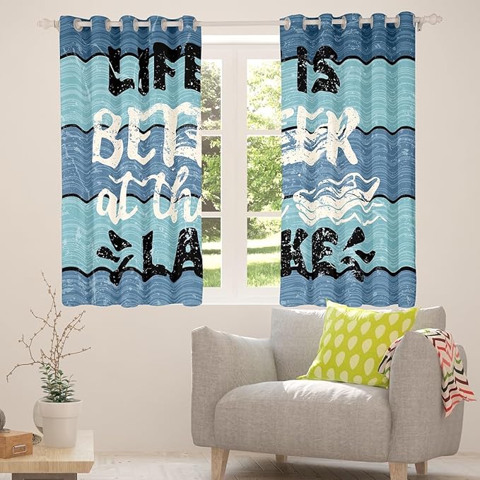Feelyou Blue Lake House Window Treatments Camping House Window Drapes for Kids Boys Girls Farmhouse Wooden Stripes Curtains Soft Blackout Curtain 52W X 84L,2 Panels