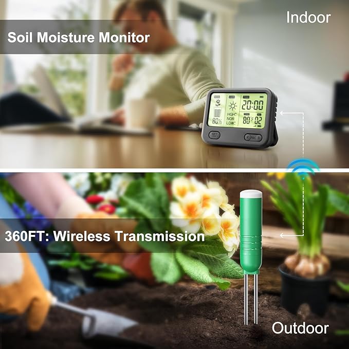 4-in-1 Soil Meter for Plants, Wireless Remote Monitor for Temperature Moisture Light Timing in One Board, Use for Garden Pot Turf lawns Farms greenhouses（1 Meter and 2 Sensior）, Black