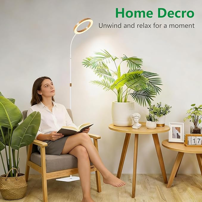One Head Grow Light for Indoor Plants Full Spectrum - Floor Standing Plant Lamp with Auto Timer 6/12/18H, 5-Level Dimmable & Adjustable Height 16.5-68in for Large Tall Plants |Faux Wood Design