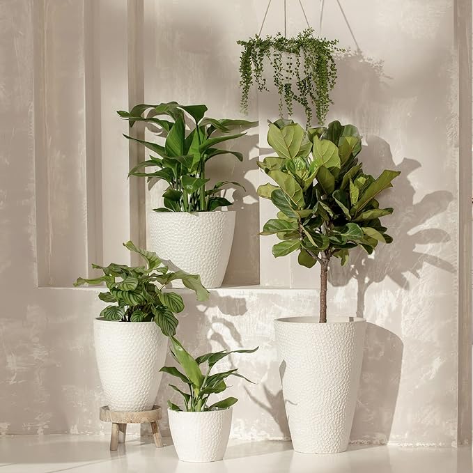 LA JOLIE MUSE Outdoor Indoor Tree Planters,14 Inch Large Planter Flower Pots,Modern Decorative White Planter Pot for House Plants,Honeycomb