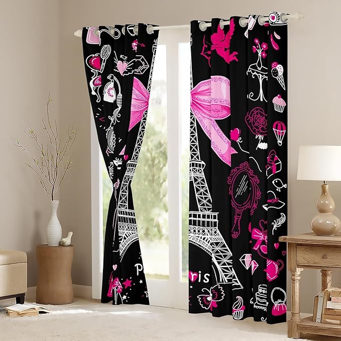 Paris Curtains & Drapes Love Decor,Eiffel Tower of France Blackout Curtains,Romantic City Building Window Treatments 2 Panels 38"Wx54"L,Make-Up Theme Princess Dress Chic Fashion Window Curtains