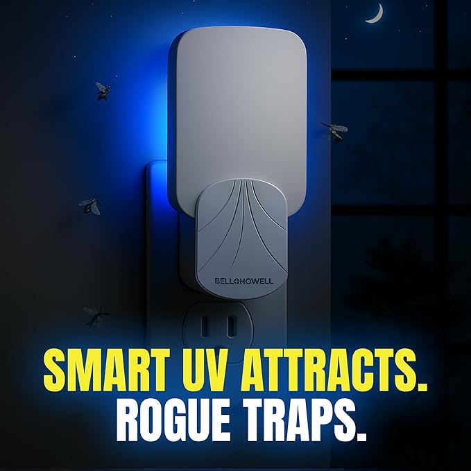 Bell+Howell Rogue Sticky Fly Insect Trap Indoor with 3 Cartridge Replacements, Home Plug in Bug Catcher Indoor UV Light Bug Trap for Flies, Fruit Flies, Gnats and More, Safe for Pets & Kids
