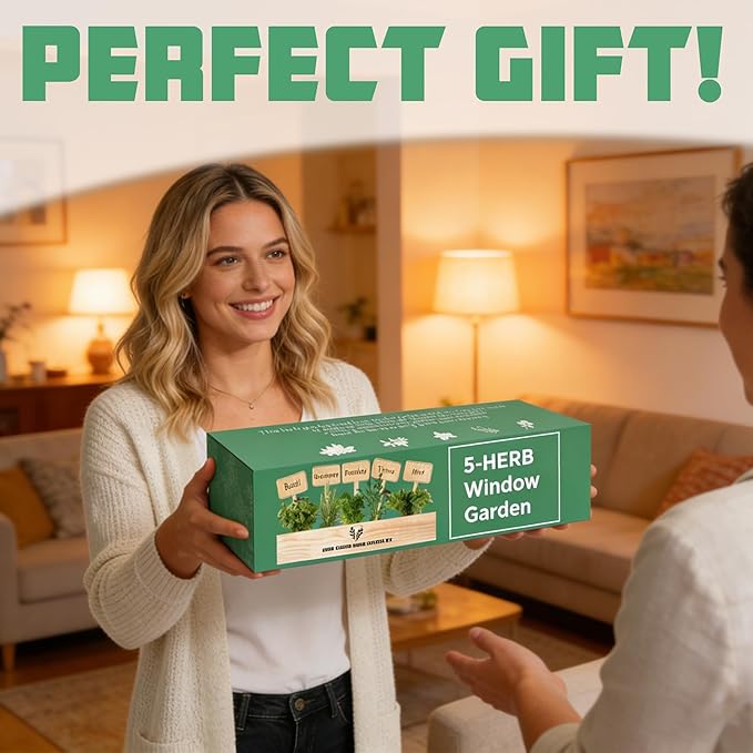 Indoor Herb Garden Starter Kit, 5 Seeds Growing into Basil, Parsley, Rosemary, Thyme, Mint, Including A Planter Box, Soil Discs & Planters with A Gift Box for Women