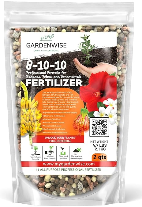 GARDENWISE Elite 8-10-10 Professional Fertilizer for Banana, Flowering, and Fruit Trees, Ornamentals - Boosts Flowering & Fruiting - for Indoor & Outdoor Plants (2 QUARTS)