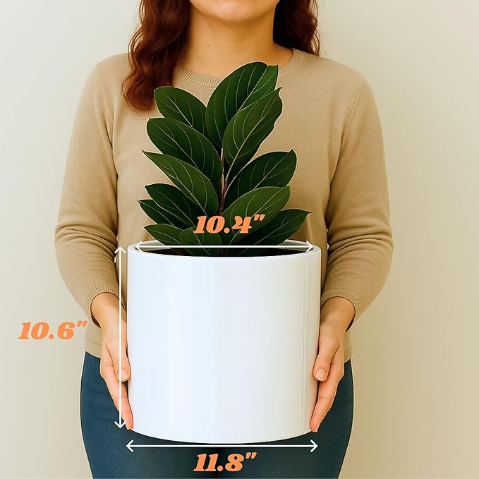 Fox & Fern 12" Large Plant Pot Fits Plant Stand - Drainage Plug - Outdoor Indoor - Matte White