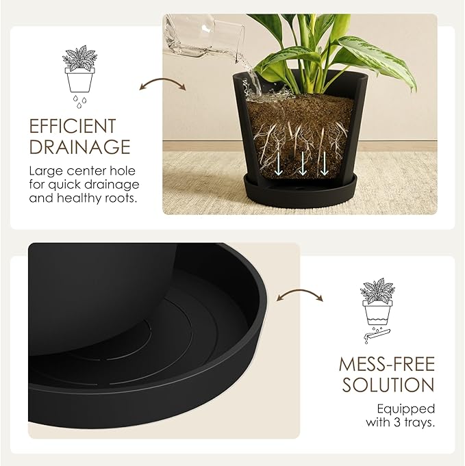 Bamworld 3 Pack Plastic Plant Pots with Drainage Holes and Saucers 6/7/8 Inch 5mm Thick Modern Decorative Flower Pots for Indoor Outdoor Plants Black
