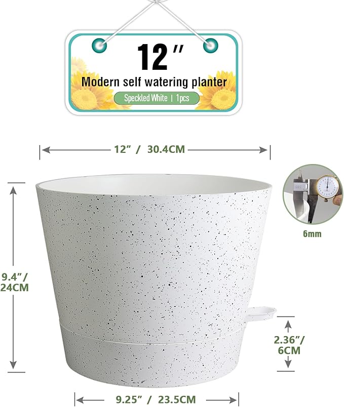 Meowell 12 inch Large Self Watering Pots, Plant Pots with Mesh Drainage Holes for Indoor Outdoor Plants, Plastic Planters with Deep Reservoir for Garden House Flower Plants, Speckled White