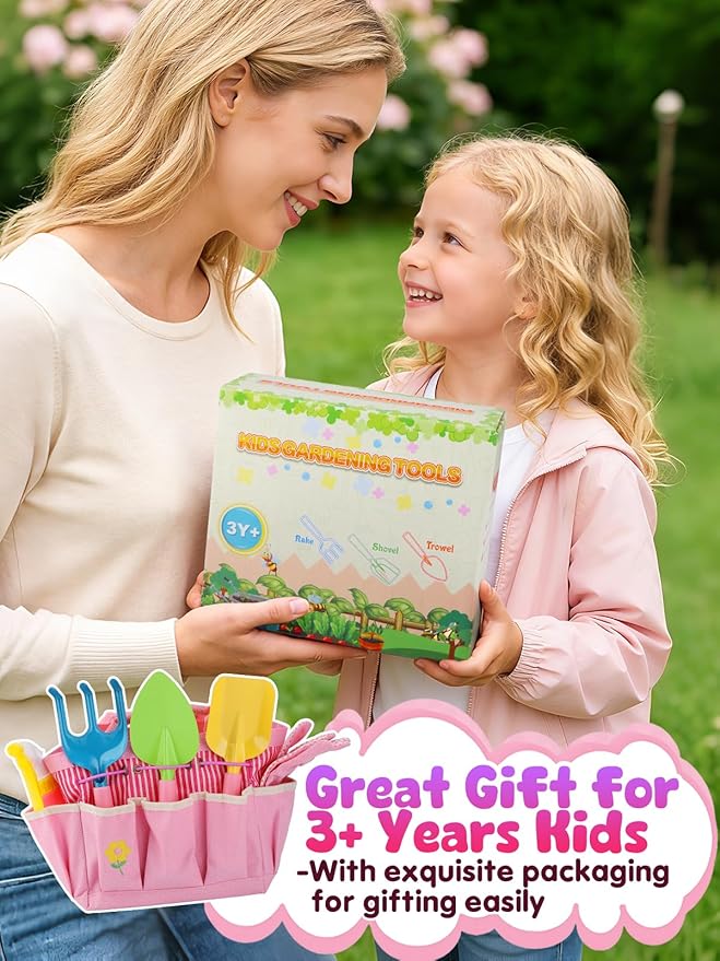 Kids Gardening Tool Set - Garden Tools for Kids with Shovel Trowel Rake Apron Gloves Watering Can and Tote Bag, Outdoor Toys Great Gifts for 3 4 5 6 7 8+ Years Old Girls (Upward Mermaid Tail)