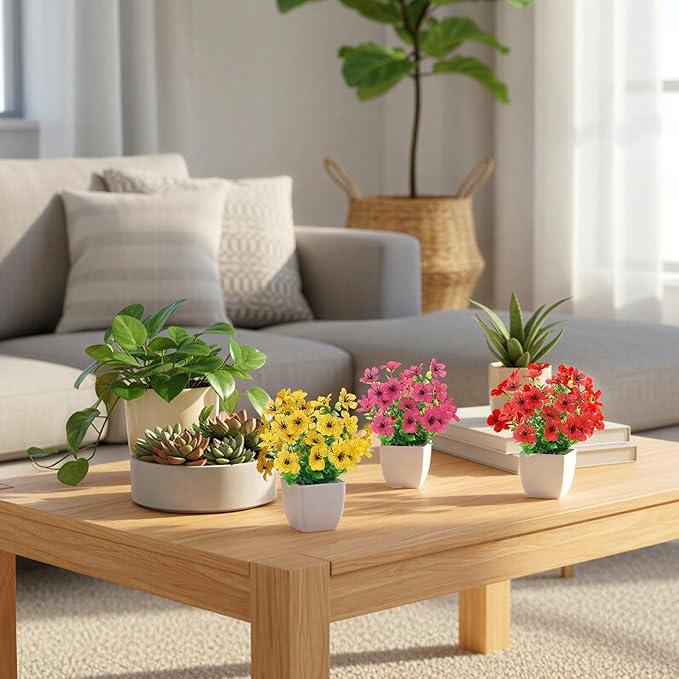 CEWOR Fake Plants 4 Packs Small Faux Potted Flower Daisy with Eucalyptus Leaves Decorations for Desk Bathroom Office Home Room Table Decor Indoor Outdoor