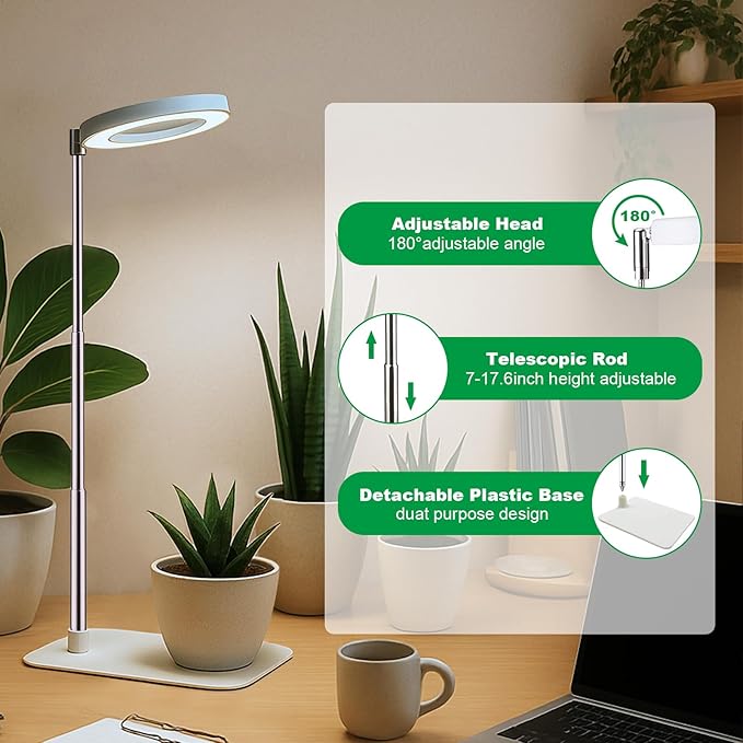 2 Pack Grow Light with Base, 6000K White Full Spectrum Growing Light Lamp for Indoor Small Mini Micro Green Pot Plants, 5-Level Dimmable, Auto Timer 4/8/12/18 Hrs