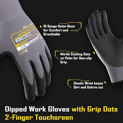 COOLJOB 12 Pairs Nitrile Rubber Dipped Safety Work Gloves with Grip Dots, Seamless Knit Nylon Gloves with 2 Fingers Touchscreen, Non-slip Coated for Warehouse, Home Improvement, Yard, Grey Medium