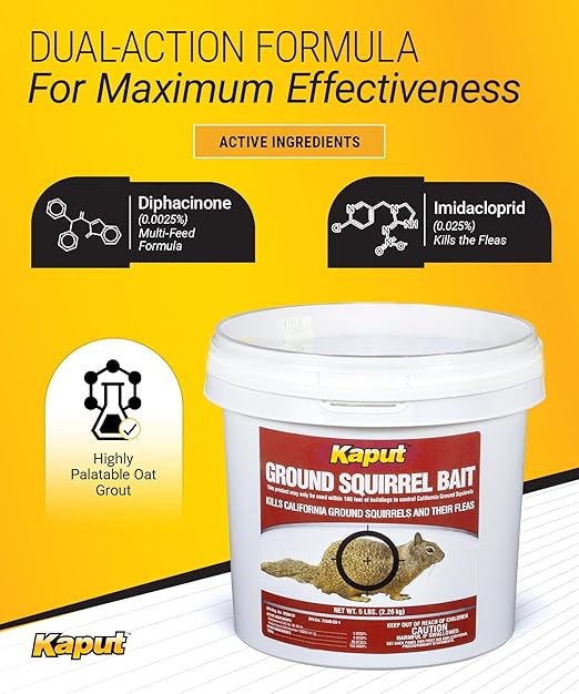 Kaput Ground Squirrel Bait - Effective Fleas & Squirrel Killer with Diphacinone & Imidacloprid - Targeted Pest Control for Outdoor Use, (5 lbs)