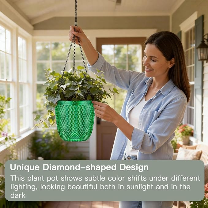 QCQHDU Self Watering Hanging Pots, 2 Pack 7.2 Inch Hanging Planters for Plants Indoor, Flower Pots with Drainage Holes and 3 Hooks Chains for Garden Home (Emerald)