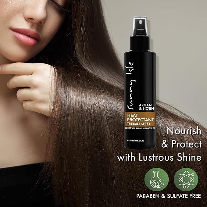 Sunny Isle Argan & Biotin Heat Protectant Spray - Infused With Jamaican Black Castor Oil - 6 oz