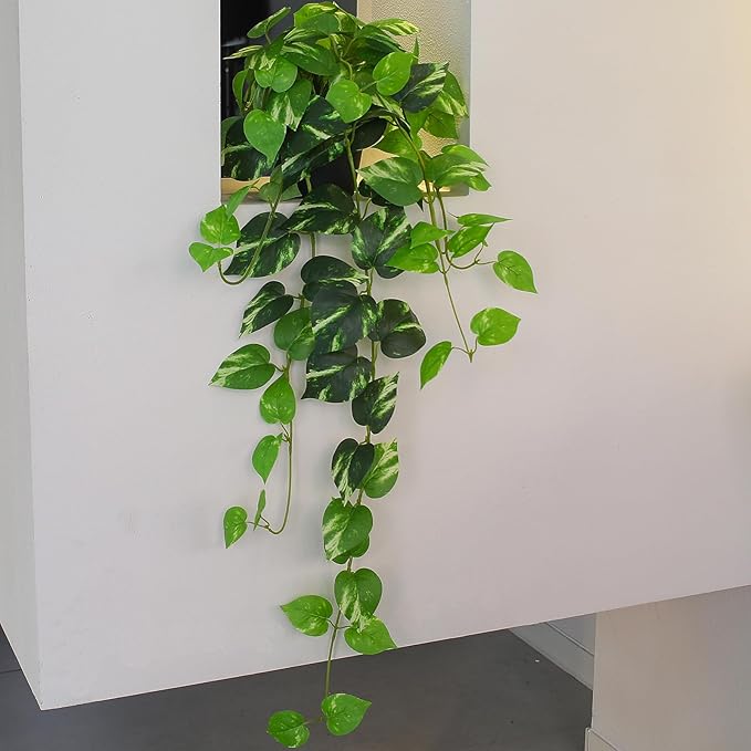 Fake Pothos Hanging Plants, 33" Potted Artificial Hanging Plant, Faux Pothos Silk Vines Hanging Plant Greenery for Home Living Room Indoor Decor