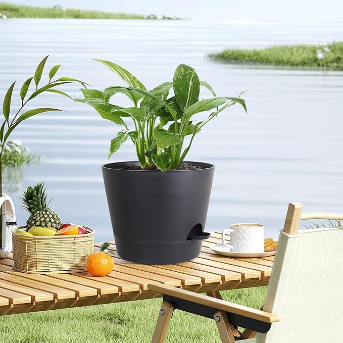 Meowell 12 inch Large Self Watering Pots for Indoor Outdoor Plants, Flower Plant Pots with Mesh Drainage Holes for Garden House Plants, Plastic Planters with Reservoir for Home Decor, Black