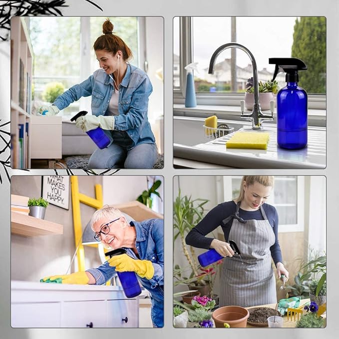 Worldgsb Glass Spray Bottles, 16oz Blue Glass Spray Bottles with Labels & Adjustable Nozzle, Reusable Containers for Cleaning, BBQ, Food, Plants, Alcohol, Essential Oils(3 Pack)