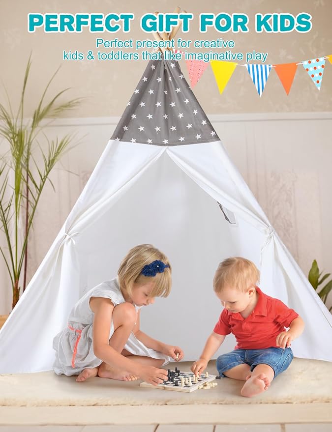 Sumbababy Teepee Tent for Kids, Cotton Canvas Indoor Play Tent, Foldable Toddler Sleepover Tents for Girls & Boys Slumber Party, Washable Gift Set with Star Lights, Banner & Carry Bag, Stars Design