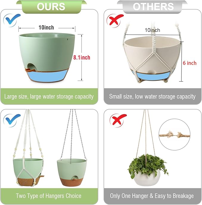 Meowell 10 inch Self Watering Hanging Planters for Indoor Plants, 2 Pack Hanging Baskets for Outdoor Plants, Hanging Flower Pots with Drainage Holes & 2 Kinds of Plant Hangers for Home Decor, Green