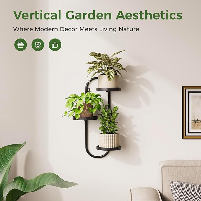 Laposso Wall Plant Holder 3 Tier Window Plant Shelves Metal Plant Wall Hanger for Indoor Plants Hanging Small Wall Shelf Living Room Balcony Black