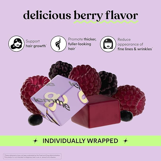 Lemme Grow Hair Growth Booster Soft Chews w/Vitamins for Women and Men with Clinically Studied Lustriva and Biotin, Promotes Thicker, Fuller, Stronger Hair, Mixed Berry, 30 Day Supply