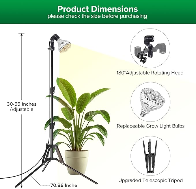 SANSI Grow Lights for Indoor Plants, 40W Plant Lights for Indoor Growing Full Spectrum(600W Equiv), Tripod Standing Adjustable 30"-55" Plant Lamp with 4-Level Dimmable, Auto On Off 4 8 12 Hrs Timer
