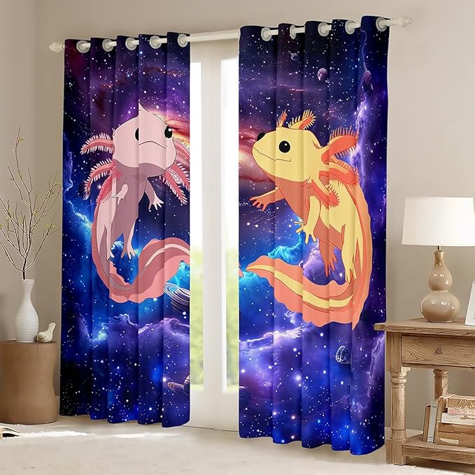 Feelyou Cute Axolotl Window Drapes Galaxy Axolotl Curtains for Kids Boys Girls Universe Outer Space Blackout Curtain Coastal Axolotl Window Treatments 38W X 45L，2 Panels