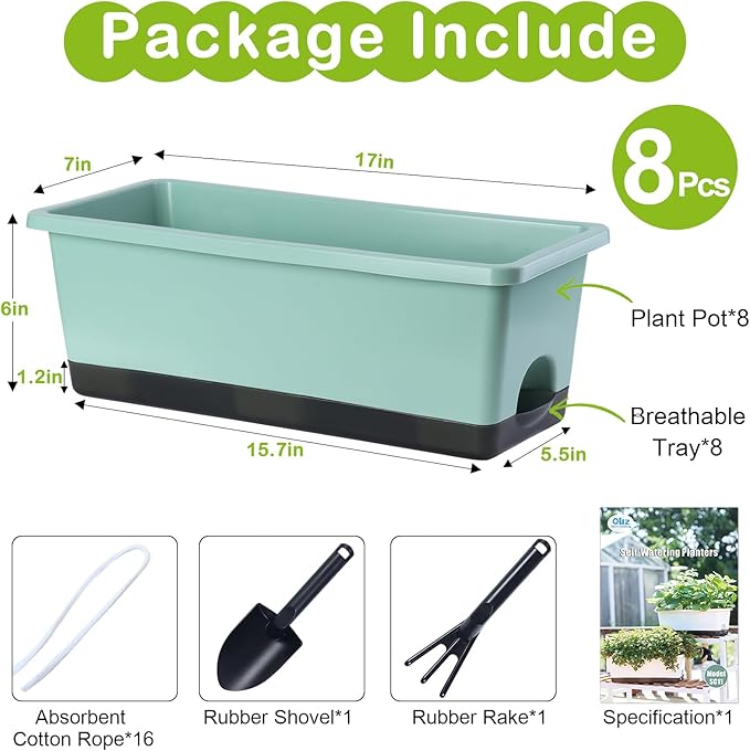 Oliz Window Box Planter 8 Pcs, 17 Inches Rectangle Flower Pots with Drainage Holes & Trays, Vegetable Planters for Windowsill Patio Garden Balcony Home Indoor Outdoor (Green, 16 * 7 * 6 inch)