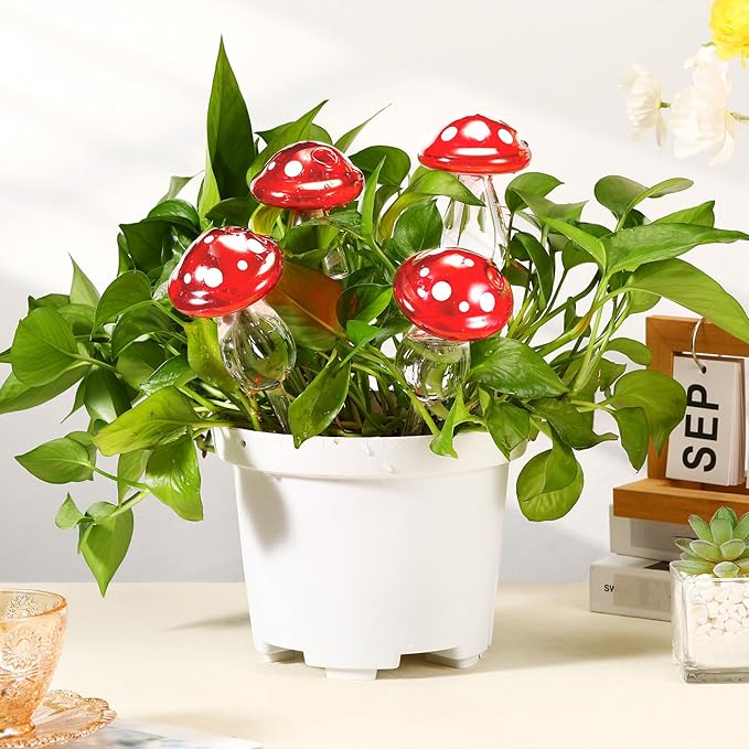 Weysat 4 Pack Glass Self Watering Globes for Indoor Plants Mushroom Watering Devices Bulbs Automatic Plant Waterer Balls Planter Spike for Garden Patio Outdoor Potted Flower Irrigation