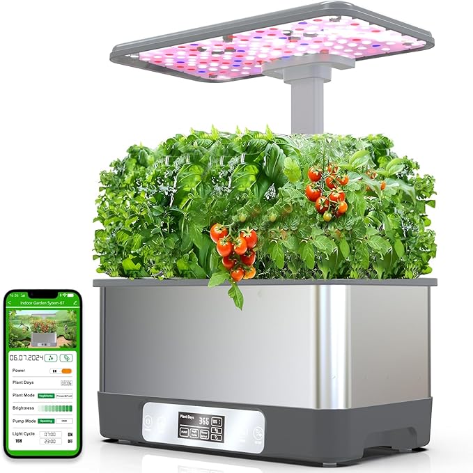 Indoor Herbs Garden,WiFi&APP-Hydroponics Growing System Kit,BHTNYOO/8 Pods Soilless Planting Gardening Boxs with LED Grow Lights,Water Pump, Timer,Timer,for Home(Grey)