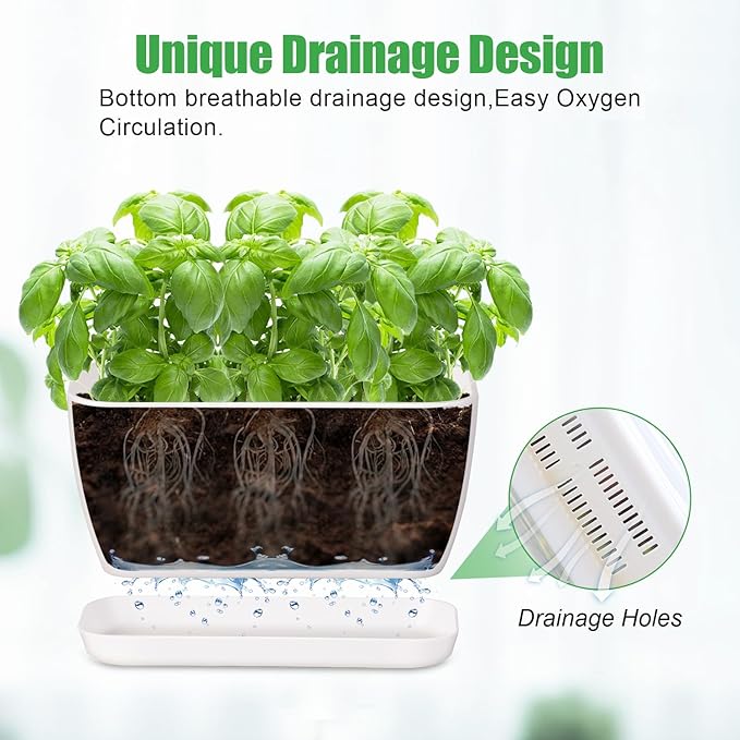 Oliz 6 Set Window Herb Planter Box Rectangular, White Plastic Planters with Multiple Drainage Holes and Trays,Indoor Succulent Cactus Mint Flower Pot for Windowsill, Garden Balcony