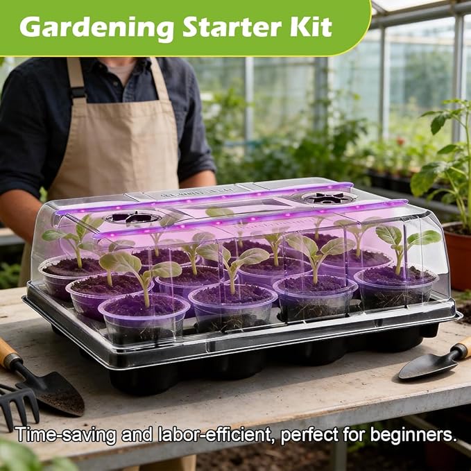 RooTrimmer 3 Pack 12 Cell Seed Starting Trays with Clear Domes and Growing Lights & 4 Inch Clear Seedling Pots 36 Pack, Plant Nursery Faster Propagation Kit 3 Sets for Seeds Vegetables Herbs