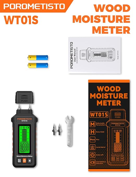 5 in 1 Moisture Meter, POROMETISTO 5 Modes Wood Moisture Meter with Three-Color Backlight, Data Hold & Max Measurement, Ideal for Wood (Oak/Pine/Walnut) and Building Materials