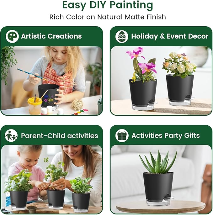 Meowell 4 inch Self Watering Pots for Indoor Plants, 5 Pack Small Flower Plant Pots with Drainage Holes and Clear Reservoirs, Visible Water Level, Plastic Planters with Wicking Rope, Black