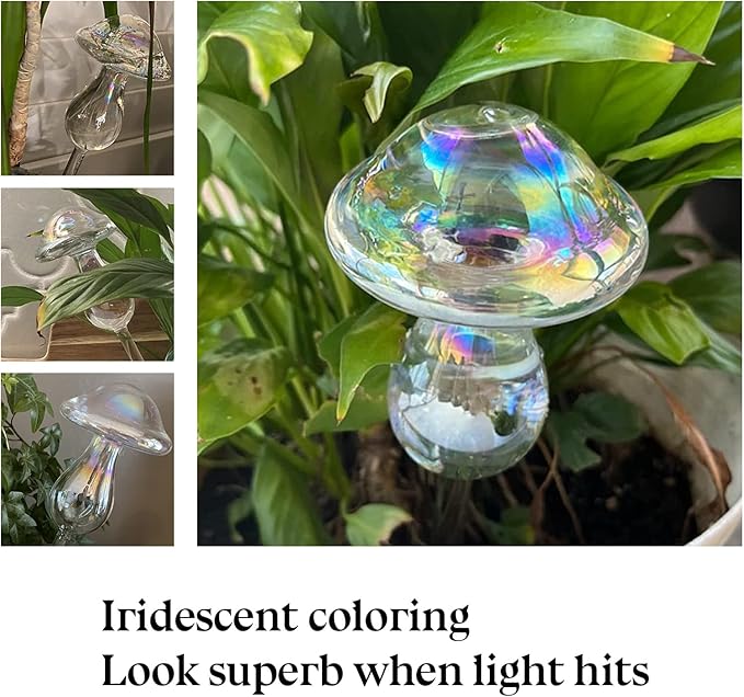 HyJeryty 3 Pack Non-Clogging Iridescent Mushroom Plant Watering Globes with Terracotta Spikes, Hand Blown Glass Self Watering Planter Insert Plant Watering Devices Bulbs for Indoor and Outdoor Plants