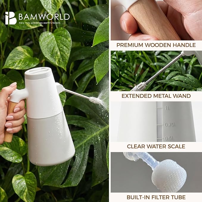Bamworld Electric Sprayer with 180° Adjustable Long Nozzle 2 Spray Modes Battery Powered Sprayer for Indoor Outdoor Plants Gardening Cleaning Minimalist White Design with Wood Grain Handle