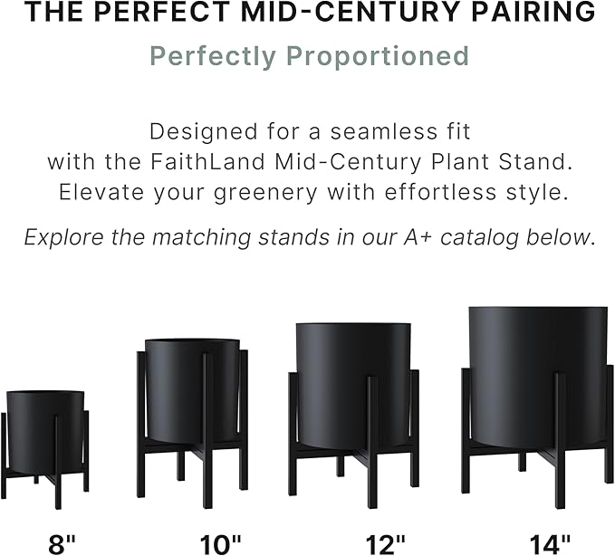 FaithLand 12 Inch Fiberstone Planter - Lightweight Modern Cylinder Plant Pot with Drainage Hole & Plug, Indoor Outdoor Use, Matte Black