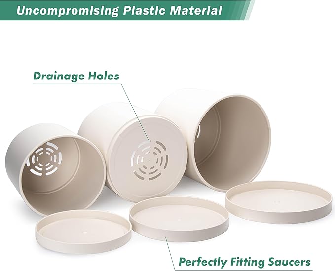 D'vine Dev 10 Inch 12 Inch 14 Inch, Set of 3 Plastic Planter Pots for Plants with Drainage Hole and Seamless Saucers, Oatmeal, XX-Large, 74-V-H-6