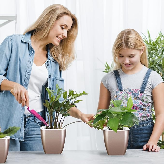 Oliz 4 Pack Self Watering Pots 4-inch Decorative Flower Planters for Indoor Plants Modern Square planters for Small Plants Window Sill Planters for Succulents, African Violets, Herbs(Sliver Gold)