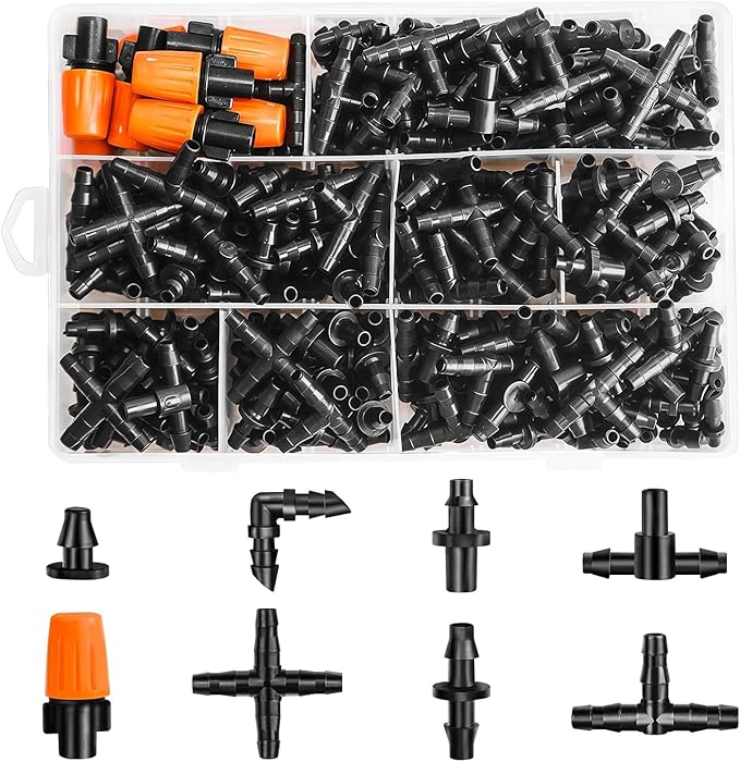 RedChili 260 Pack Drip Irrigation Fittings Kit for 1/4" Tubing, Complete Set with Drip System Barbed Connectors (Misting Nozzles, Nozzle Tees, Single Barbs, Couplings, Tees, Elbows, Plugs, Crosses)